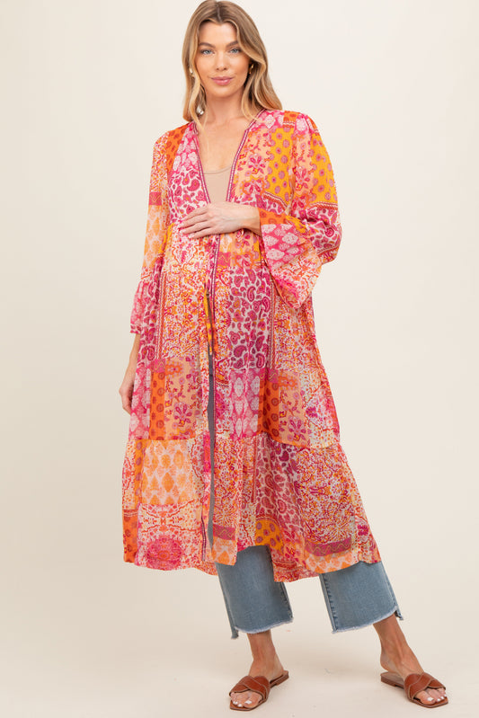 Pink Floral Paisley Metallic Striped Tie Front Maternity Cover Up