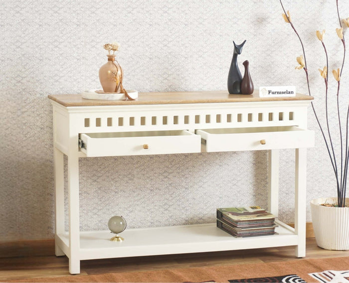 Alexandria Solid Wood Console Table-Two Drawer Furniselan - Frosty White