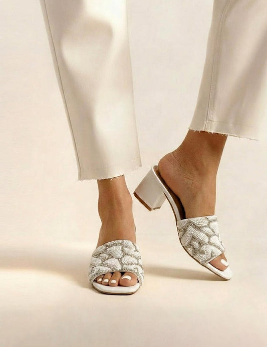 Beautiful Geometric Mosaic of Pearls and Silver-Toned Beads Slippers