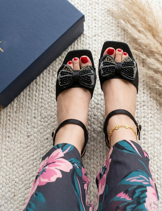 Black Embellished Peep-Toe Block Heel Sandals