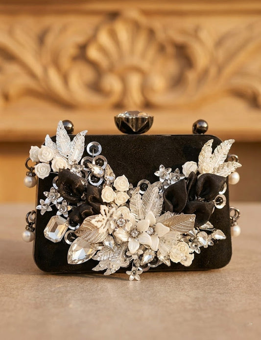 Black Floral Evening Clutch with Crystal & Pearl Embellishment