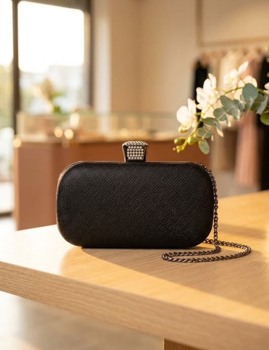 Black Glam Evening Bag – Rhinestone Frame Clutch
