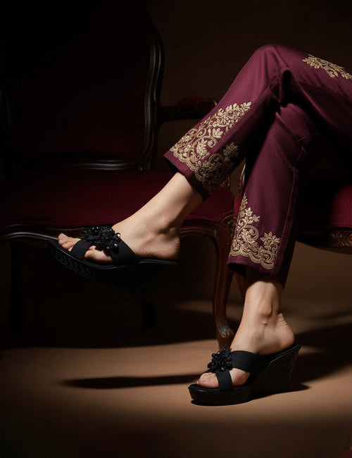 Black PU Leather Platform Slides with Gem Embellishment