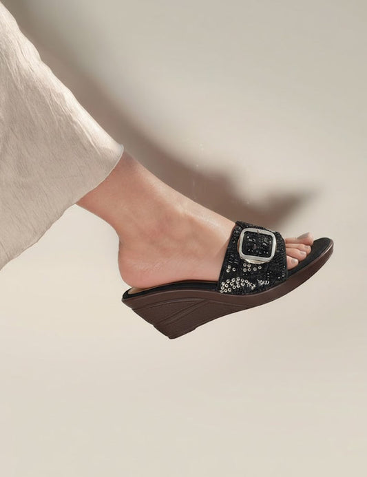 Black Sequin Strap Wedge Sandal with Large Buckle
