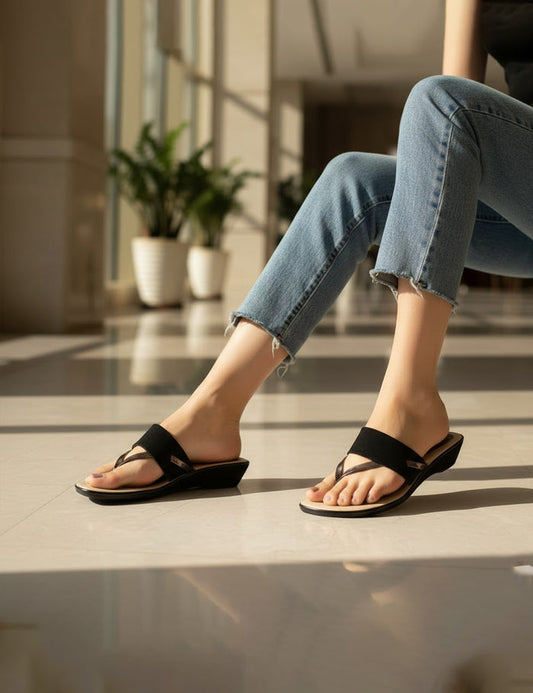 Black Shimmer Wedge Sandals - Low Heel Thong Slides with Embellished Strap