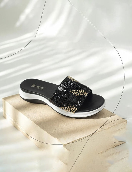 Black Sparkle Strappy Slides – Glamour Bow Collection
