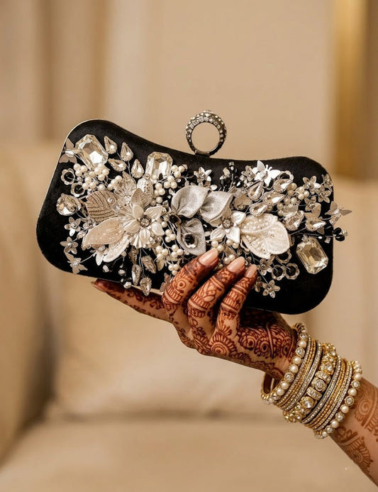 Black Velvet Floral Evening Clutch with Crystal & Pearl Embellishments