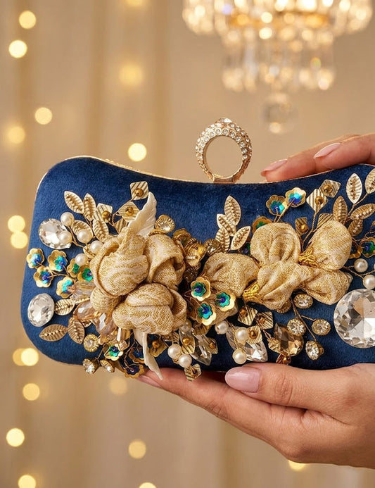 Blue Floral Evening Clutch with Crystal & Pearl Embellishments
