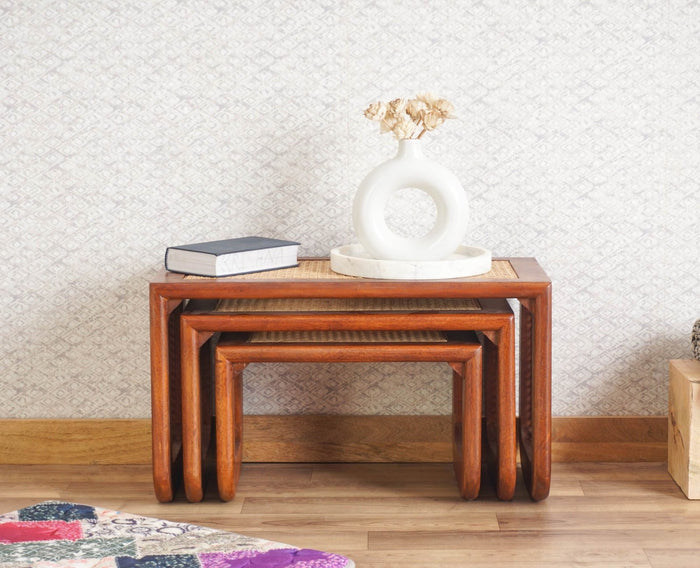 Boston Solid Wood Multipurpose Nesting Table Set of Three Furniselan Brown-Finish