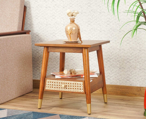 Boston Solid Wood Rattan Cane Side Table - Bedside Table - Furniselan Brown-Finish
