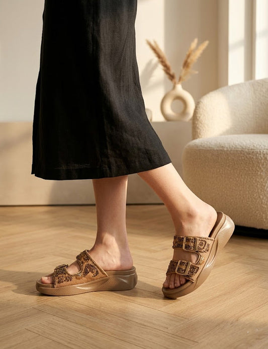 Brown Flat Sandals with Triple Rhinestone Bows – Sparkling Strappy Slides