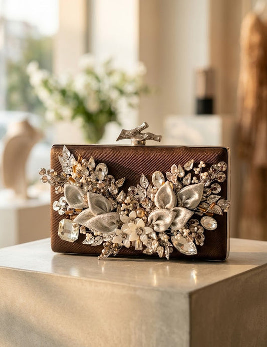 Brown Silver Floral Evening Clutch with Crystal & Pearl Embellishments