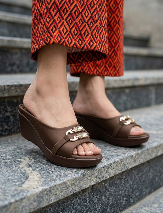 Brown Wedge Sole Slippers