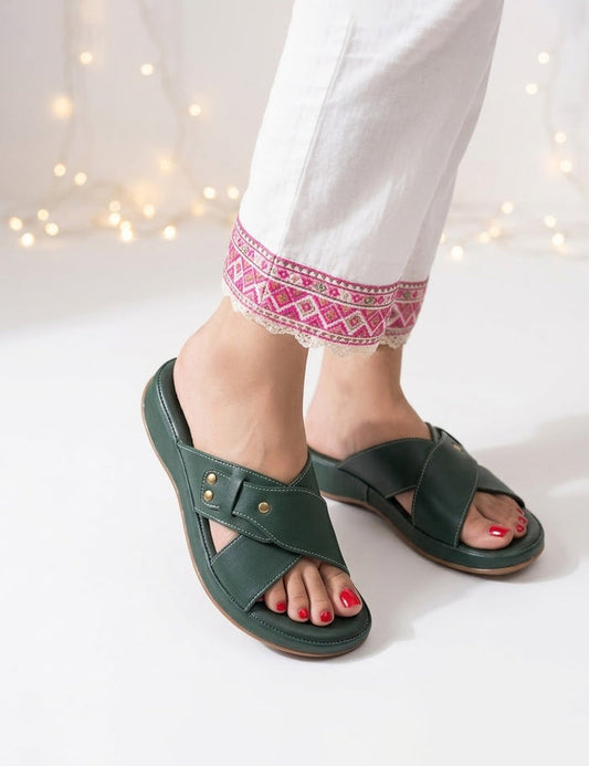 Casual Comfort Green Slip-On Sandals for Women