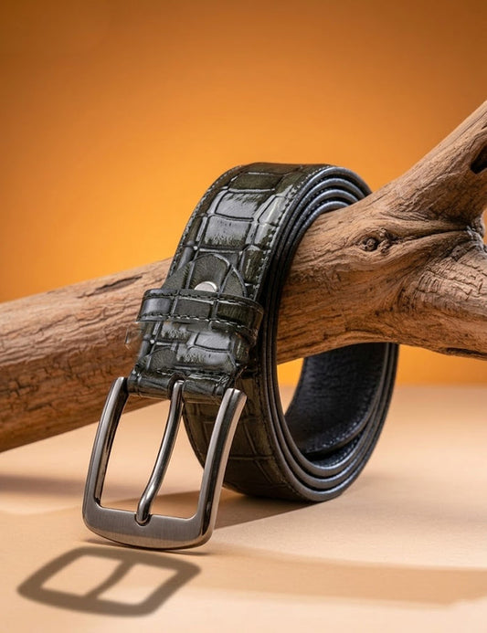 Classic Croc-Effect Leather Belt in Forest Green