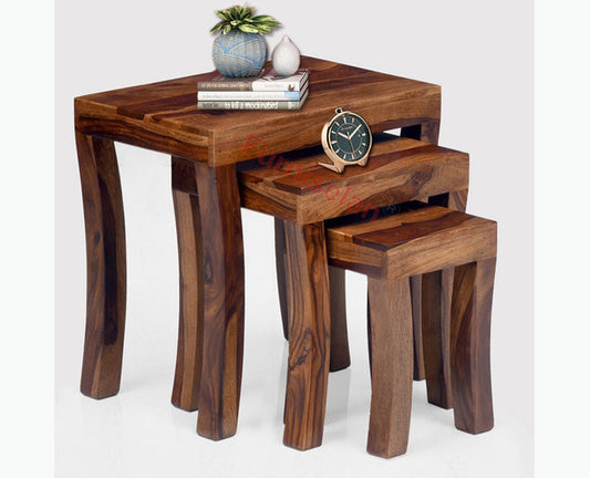 Cooper Solid Wood Stool Set of 3 Nesting Tables - Stools - Furniselan - Teak-Finish
