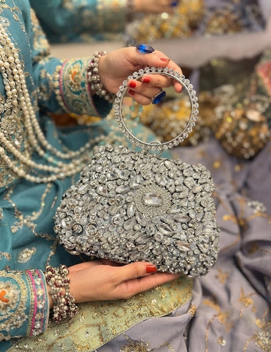 Crystal Studded Bridal Clutch – Silver Rhinestone Evening Bag