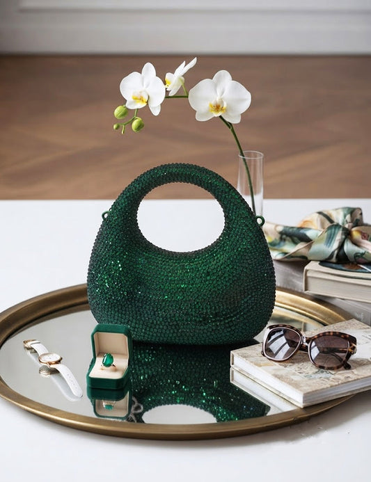 Emerald Green Crystal-Embellished Evening Bag – Luxury Circular Handle Clutch