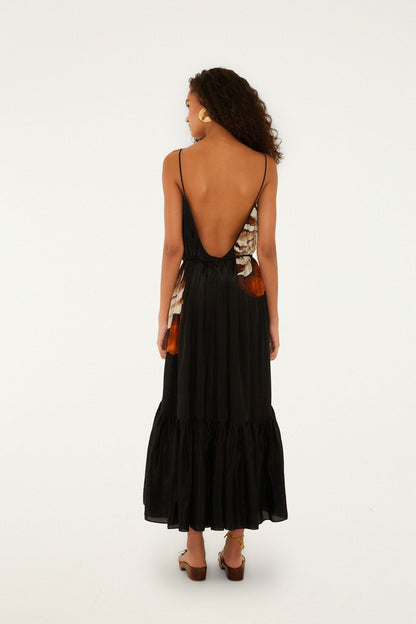 Black Ammonite Belted Pockets Open Back Maxi Dress