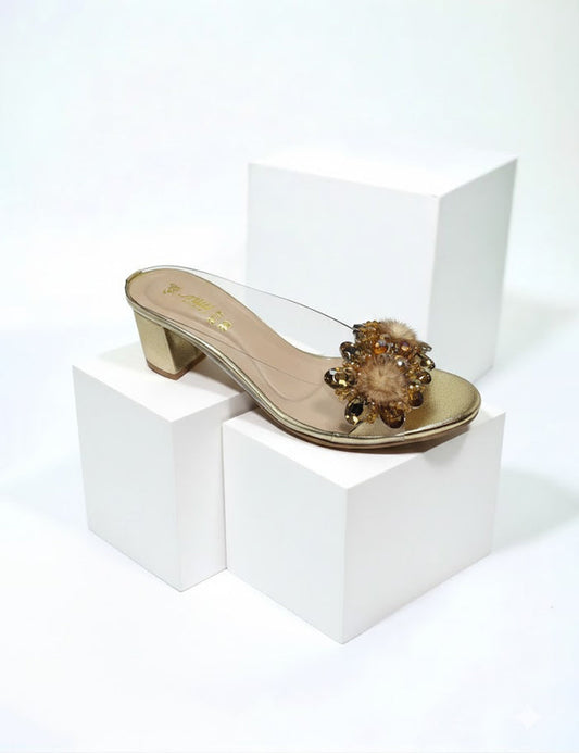 Glamorous Gold Heel Mule – Clear Straps, Pom Pom & Gem Detail