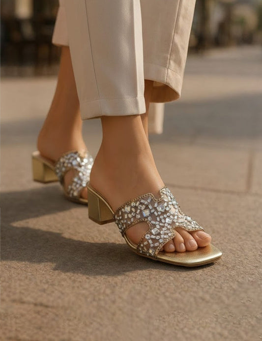 Gold Block Heel Sandals with Sparkling Rhinestones