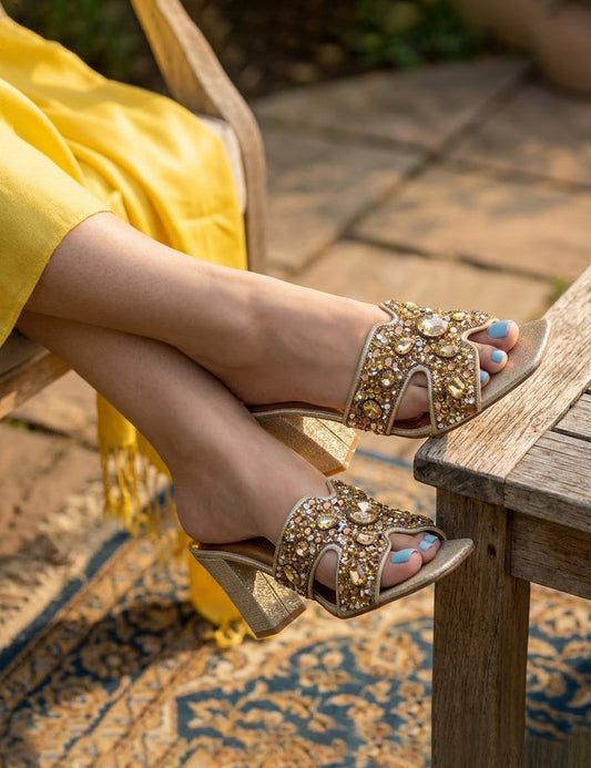 Gold Crystal Slip-On Heels – Statement Sandals
