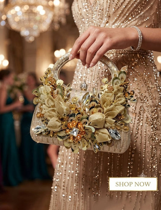 Gold Embellished Floral Clutch – Crystal & Sequin Evening Bag