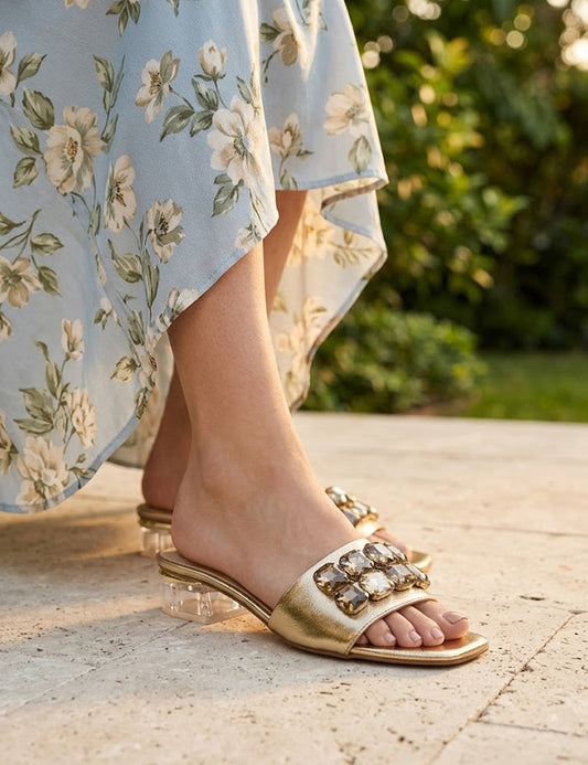 Golden Crystal Embellished Buckle Heeled Slippers