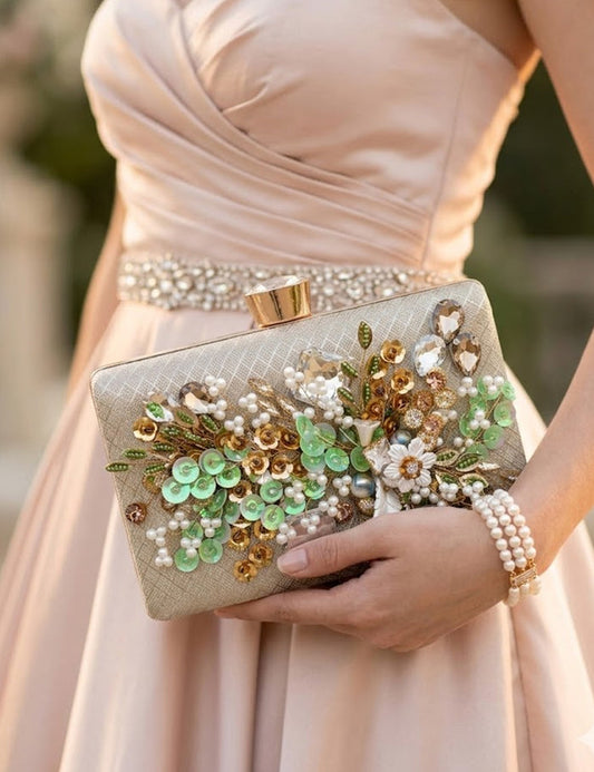 Golden Floral Evening Clutch with Crystal & Pearl Embellishments