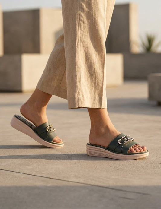 Green Embellished Comfort Slides