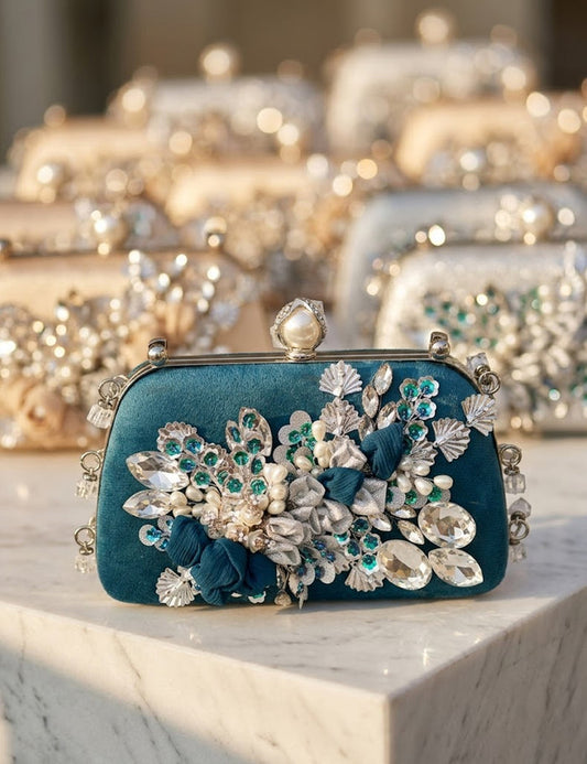 Green Velvet Floral Evening Clutch with Crystal & Pearl Embellishments