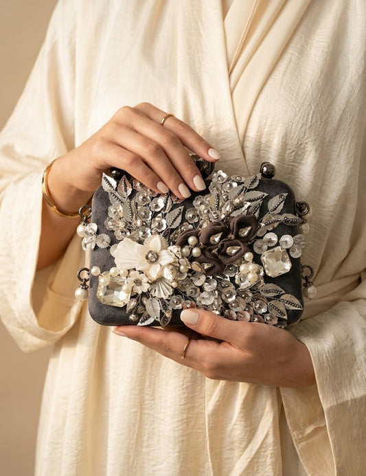 Grey Black Velvet Floral Evening Clutch with Crystal & Pearl Embellishments