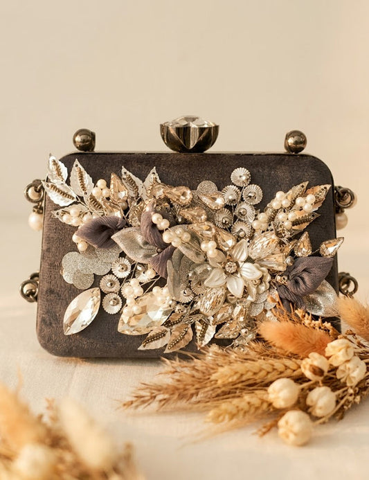 Grey Black Velvet Floral Evening Clutch with Crystal & Pearl Embellishments