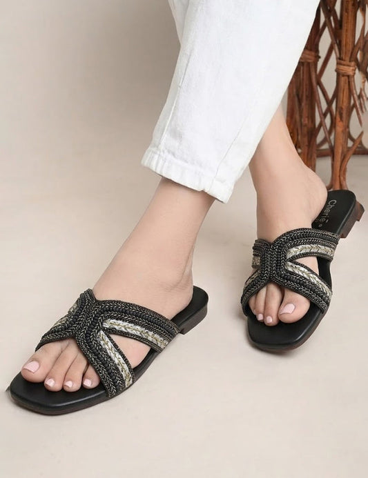 Hand-Embellished Black Criss-Cross Slides with Gold Accents