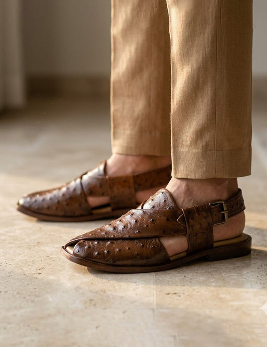 Handcrafted Ostrich Grain Leather Buckle Peshawri Chappal