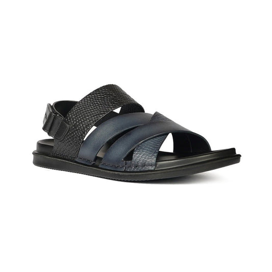 Hush Puppies Black & Blue Leather Sandal with Crisscross Straps and Snakeskin Texture