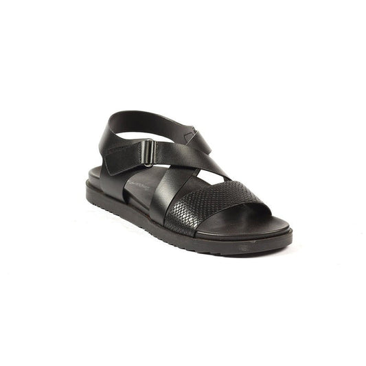 Hush Puppies Black Leather Sandal with Velcro Straps and Textured Front Strap