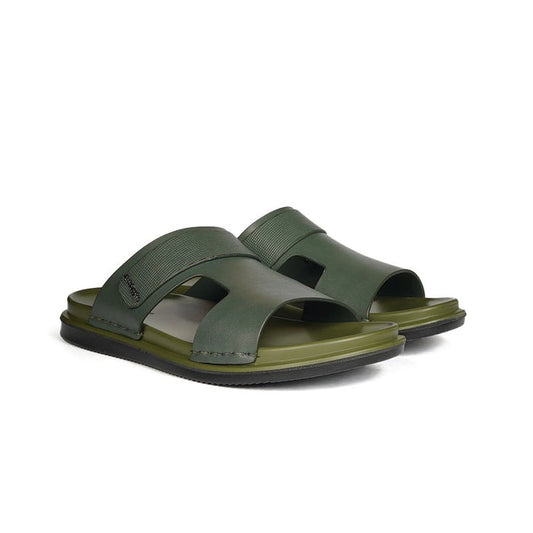 Hush Puppies Wide-Strap Green Leather Sandals with Cushioned Footbed