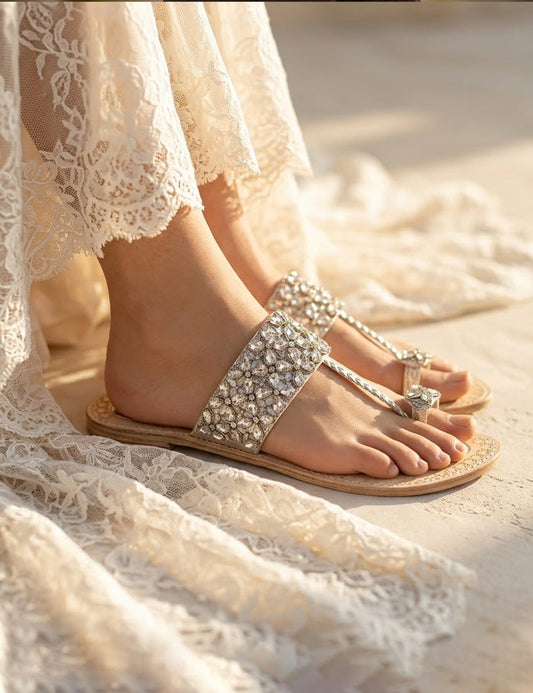Jeweled Crystal Bridal Slippers - Sparkling T-Strap Flat Wedding Shoes