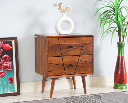 Kolkata Solid Wood Bedside table with Two Drawer - Bedside Table - Furniselan - Teak-Finish