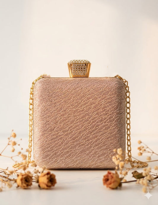 Lux Rose Gold Textured Clutch Purse with Crystal Detail