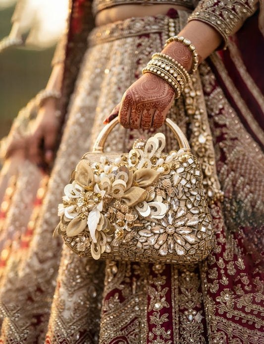 Luxury Gold Bridal Statement Clutch with Floral Appliqué and Crystals