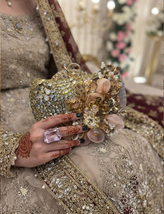 Luxury Gold Bridal Statement Clutch with Floral Appliqué and Crystals