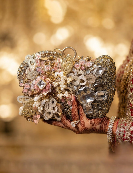 Luxury Gold Bridal Statement Clutch with Floral Appliqué and Crystals