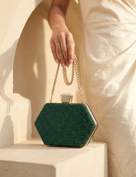 Luxury Green Beaded Clutch Bag with Golden Handle & Rhinestone Closure