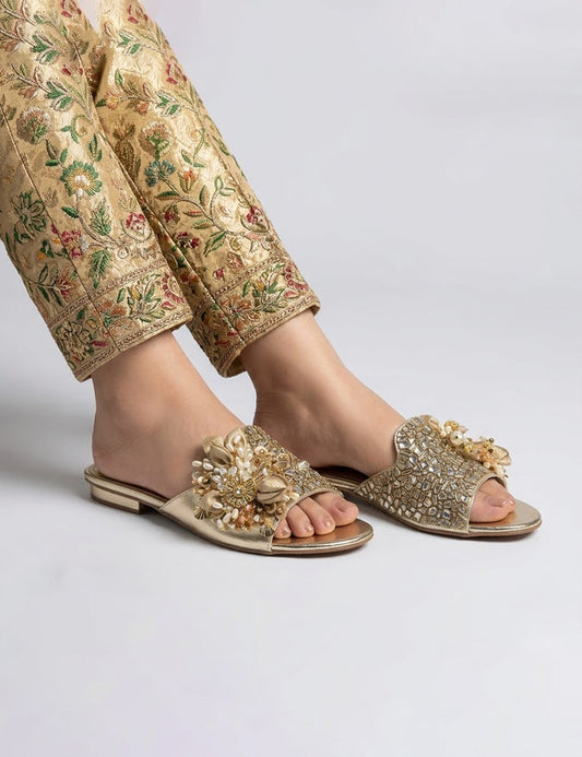 Luxury Kundan Floral Slide Sandals – Golden with Pearl Details