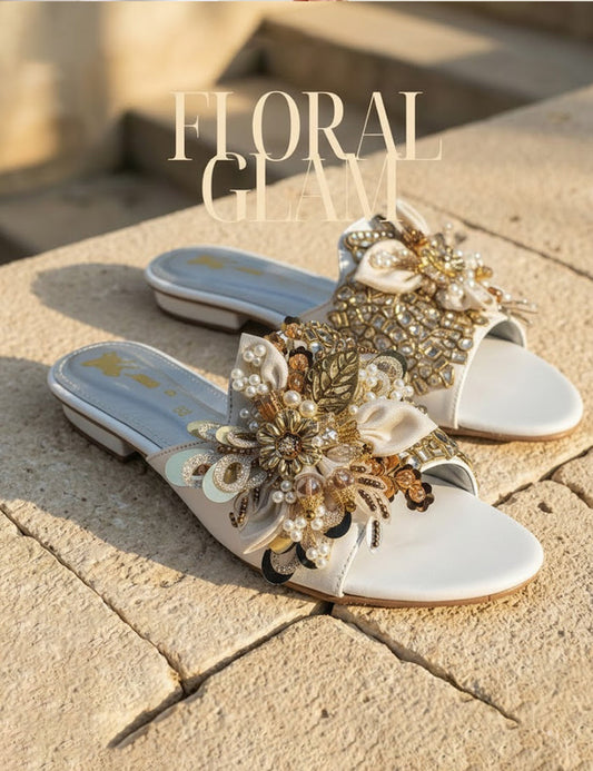 Luxury Kundan Floral Slide Sandals – White with Pearl Details