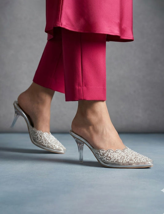 Luxury Pearl Wedding Shoes with Transparent Heel