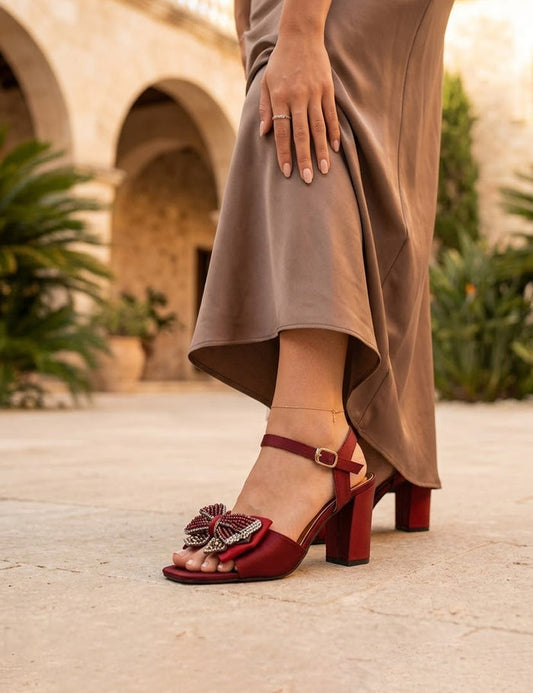 Maroon Embellished Peep-Toe Block Heel Sandals