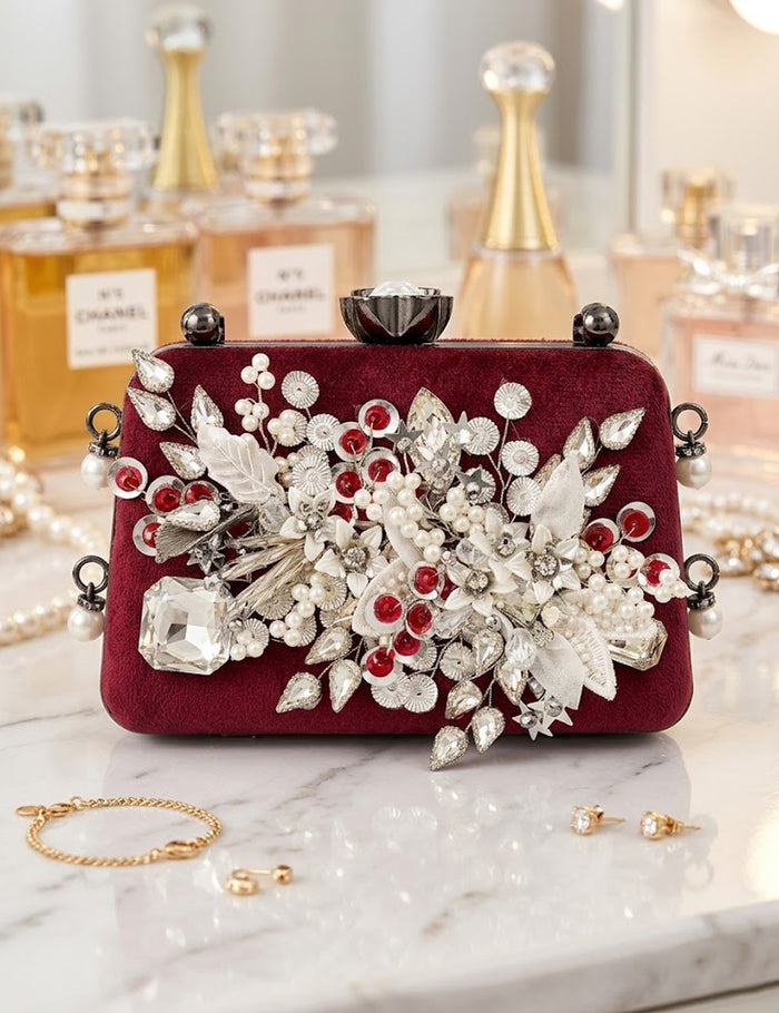 Maroon Velvet Floral Evening Clutch with Crystal & Pearl Embellishments